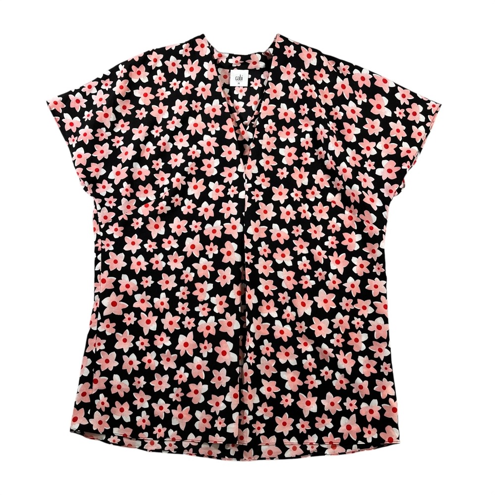 Cabi Womens Black Pink Floral V-Neck Short Sleeve Harmony Blouse Top 5347 Medium